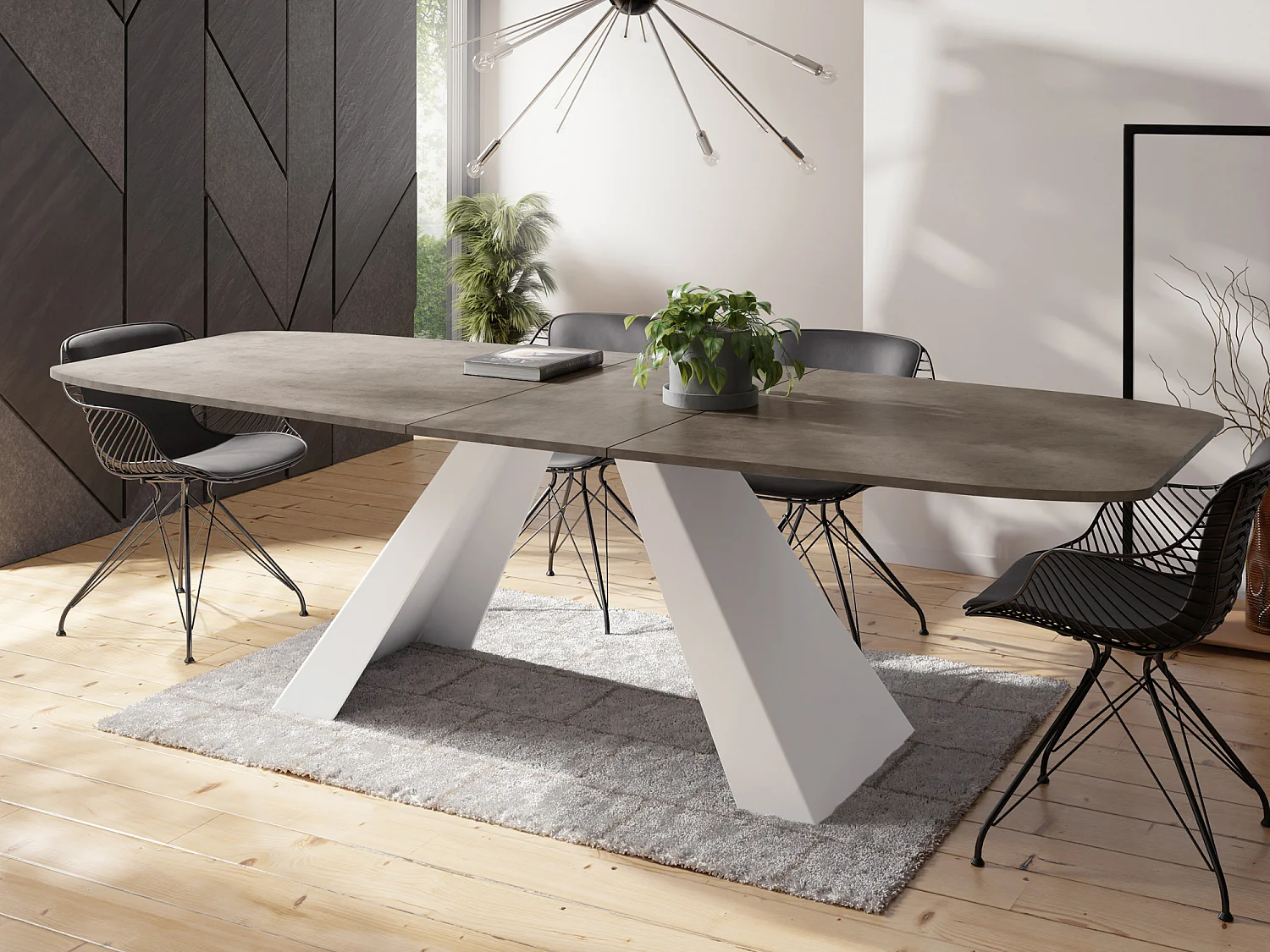 Table-à-Manger Extensible Monte Design Moderne, Table Rectangulaire - Extensible de 180 cm à 220 cm, Pieds Métalliques Blancs - 180x90 cm - Béton Gris Chicago