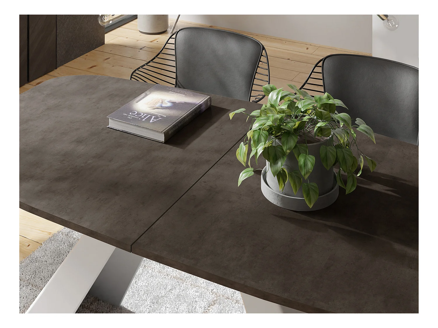 Table-à-Manger Extensible Monte Design Moderne, Table Rectangulaire - Extensible de 180 cm à 220 cm, Pieds Métalliques Blancs - 180x90 cm - Béton Gris Chicago