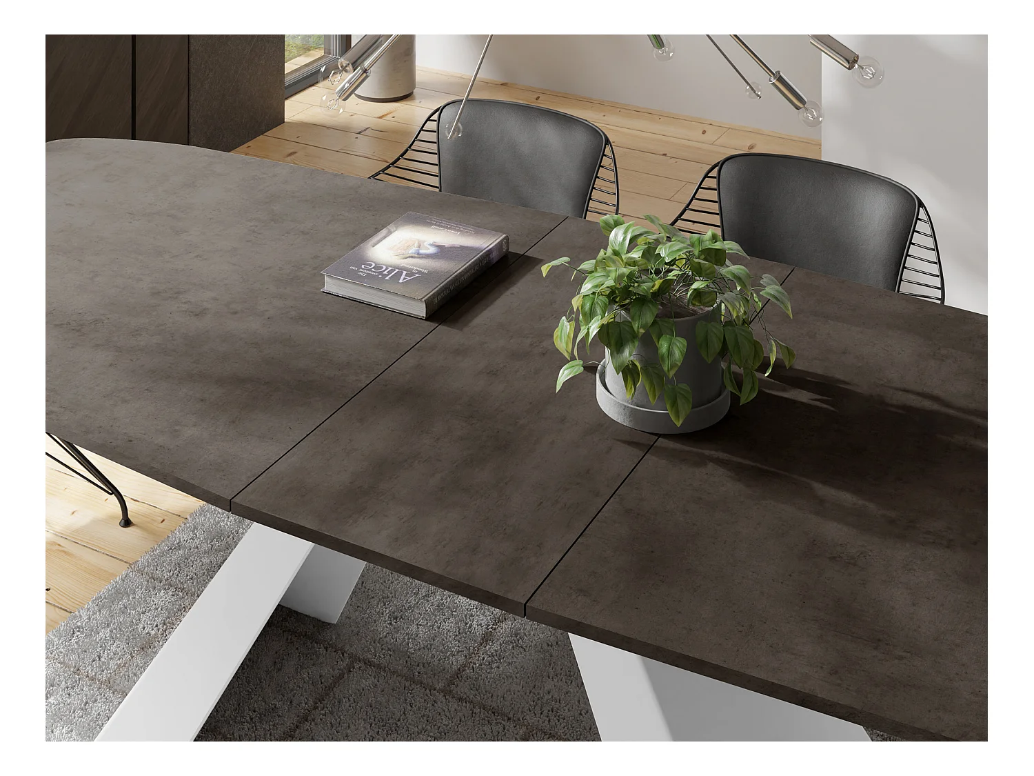 Table-à-Manger Extensible Monte Design Moderne, Table Rectangulaire - Extensible de 180 cm à 220 cm, Pieds Métalliques Blancs - 180x90 cm - Béton Gris Chicago