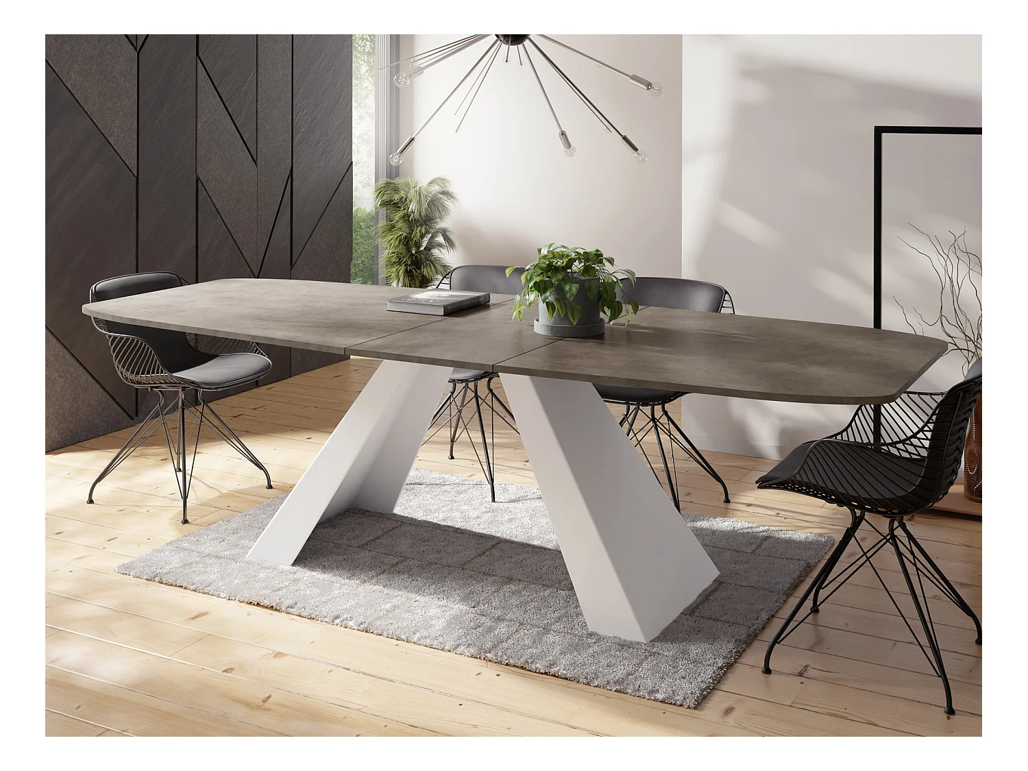 Esstisch Monte Weiß im Modern Stil, Rechteckiger Tisch - Ausziehbar von 180 cm bis 220 cm, Pulverbeschichtete Weiße Metallbeine - 180 x 90 cm - Chicago Beton Grau