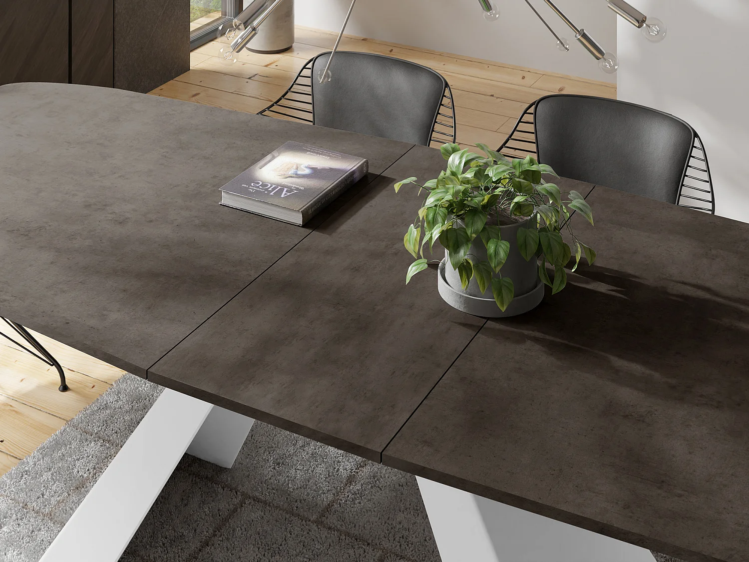 Esstisch Monte Weiß im Modern Stil, Rechteckiger Tisch - Ausziehbar von 180 cm bis 220 cm, Pulverbeschichtete Weiße Metallbeine - 180 x 90 cm - Chicago Beton Grau