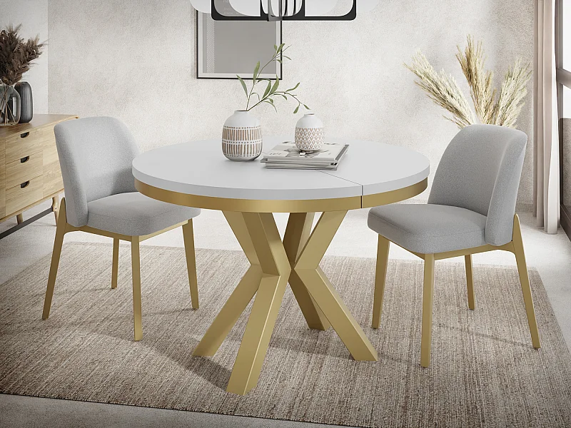 Table à Manger Ronde Extensible Style Loft - Table avec Pieds Métalliques Dorés - Table Gain de Place pour Salon - Blanc  - 100 à 180 cm