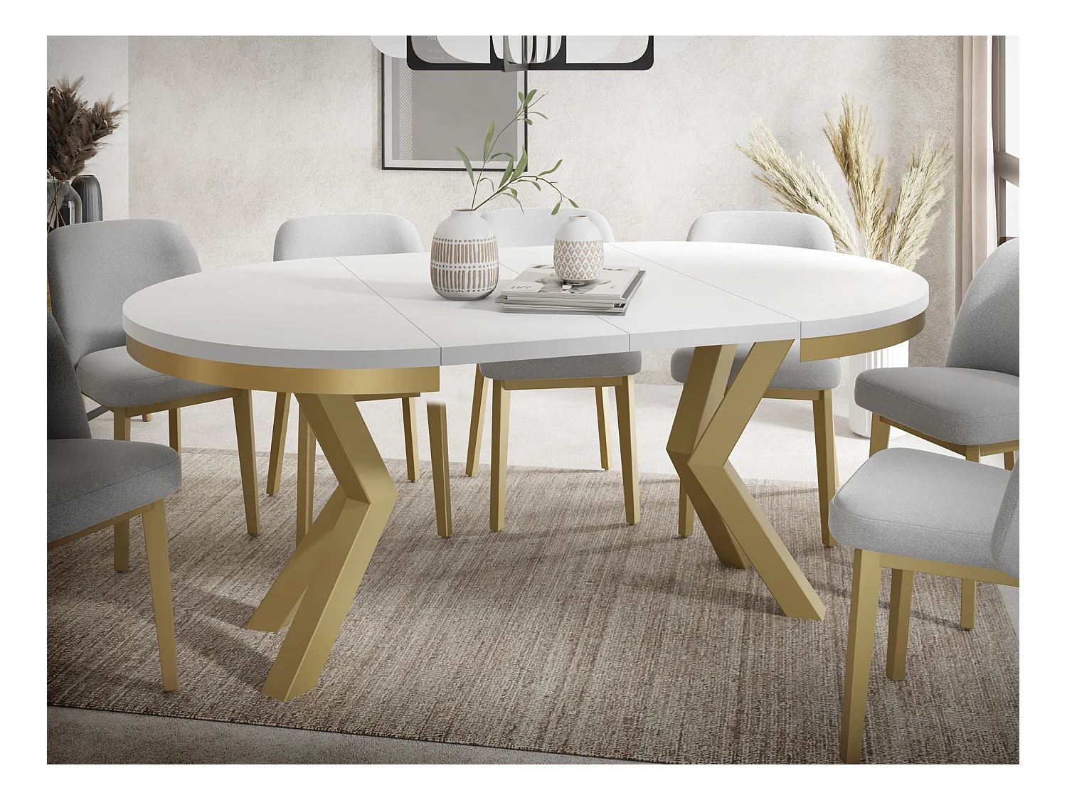 Table à Manger Ronde Extensible Style Loft - Table avec Pieds Métalliques Dorés - Table Gain de Place pour Salon - Blanc  - 100 à 180 cm