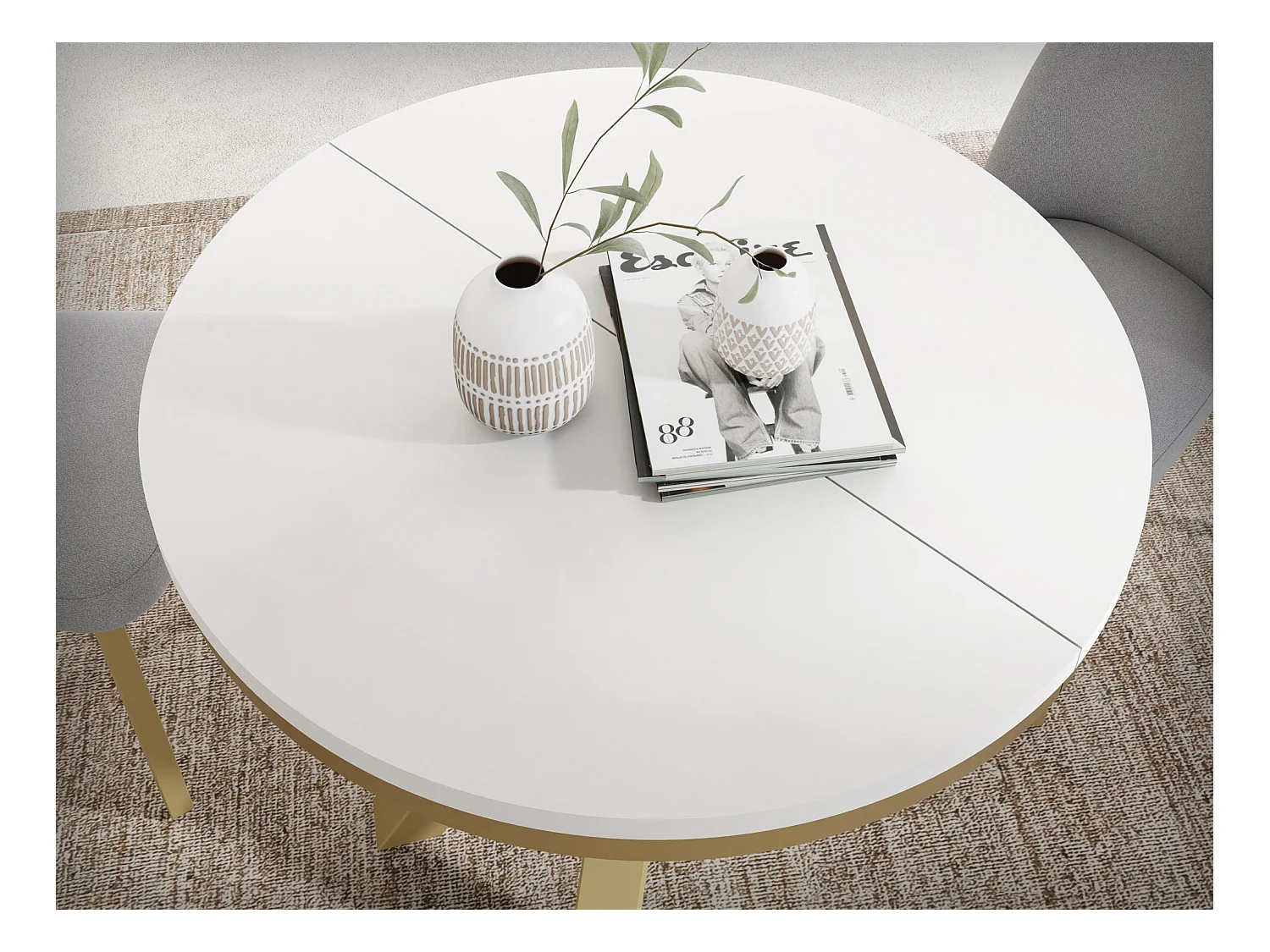 Table à Manger Ronde Extensible Style Loft - Table avec Pieds Métalliques Dorés - Table Gain de Place pour Salon - Blanc  - 100 à 180 cm