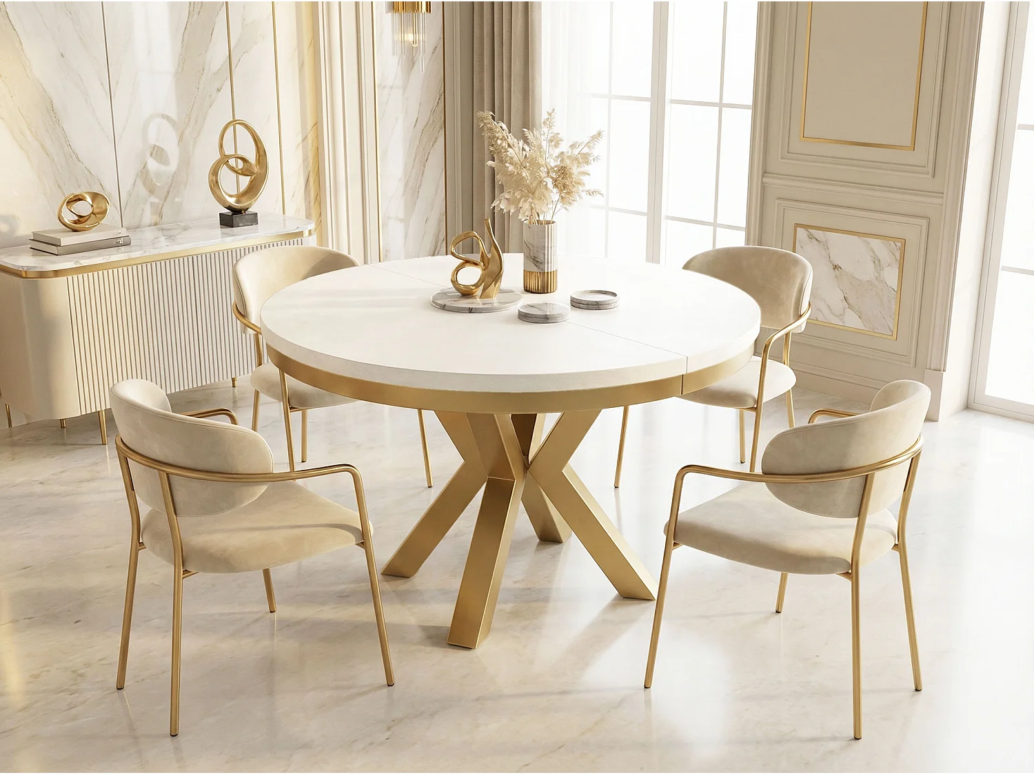 Runder Ausziehbarer Esstisch im Loft-Stil - Industrieller Tisch mit Goldenen Metallbeinen - Platzsparender Tisch für Wohnzimmer - Weiß - 100 bis 180 cm