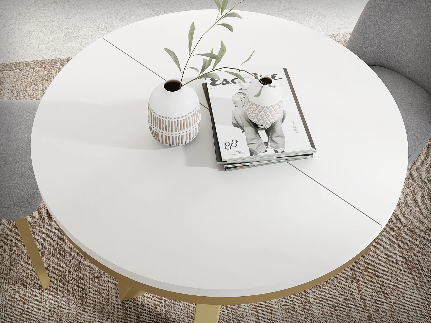 Runder Ausziehbarer Esstisch im Loft-Stil - Industrieller Tisch mit Goldenen Metallbeinen - Platzsparender Tisch für Wohnzimmer - Weiß - 100 bis 180 cm