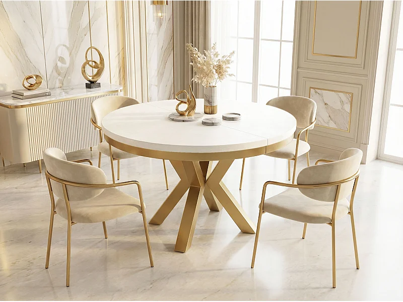 Table à Manger Ronde Extensible Style Loft - Table avec Pieds Métalliques Dorés - Table Gain de Place pour Salon - Blanc  - 100 à 180 cm