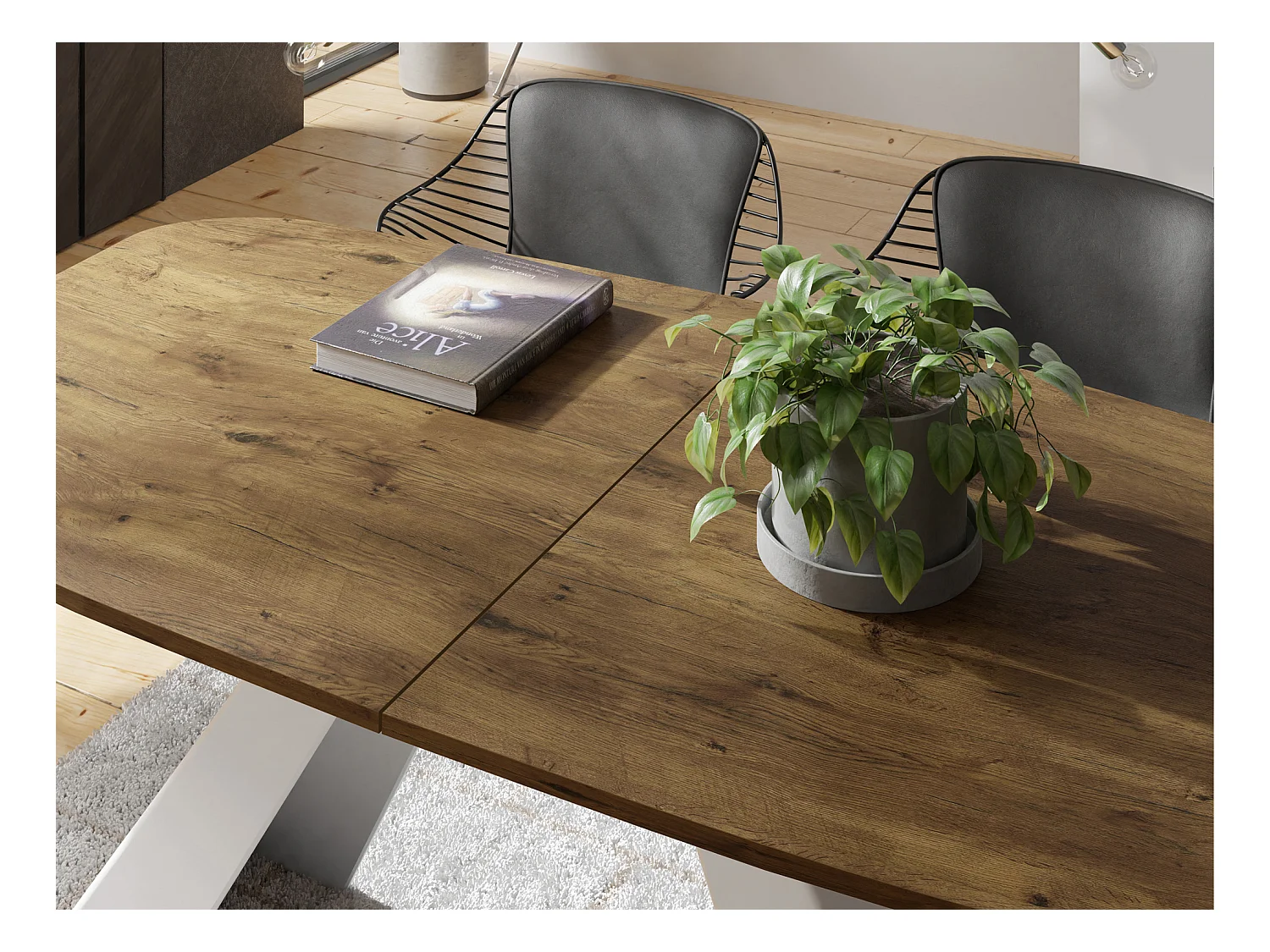 Table-à-Manger Extensible Monte Design Moderne, Table Rectangulaire - Extensible de 160 cm à 200 cm, Pieds Métalliques Blancs - 160x80 cm - Chêne Lancelot