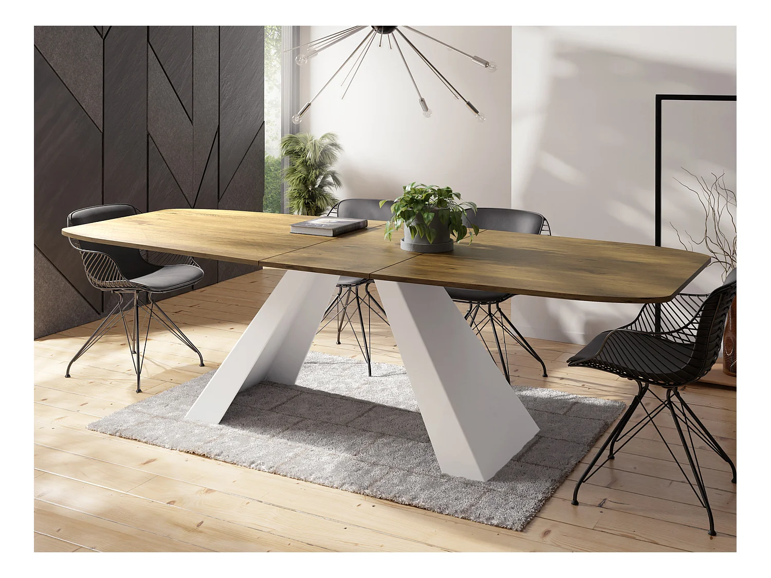 Esstisch Monte Weiß im Modern Stil, Rechteckiger Tisch - Ausziehbar von 160 cm bis 200 cm, Pulverbeschichtete Weiße Metallbeine - 160 x 80 cm - Lancelot Eiche
