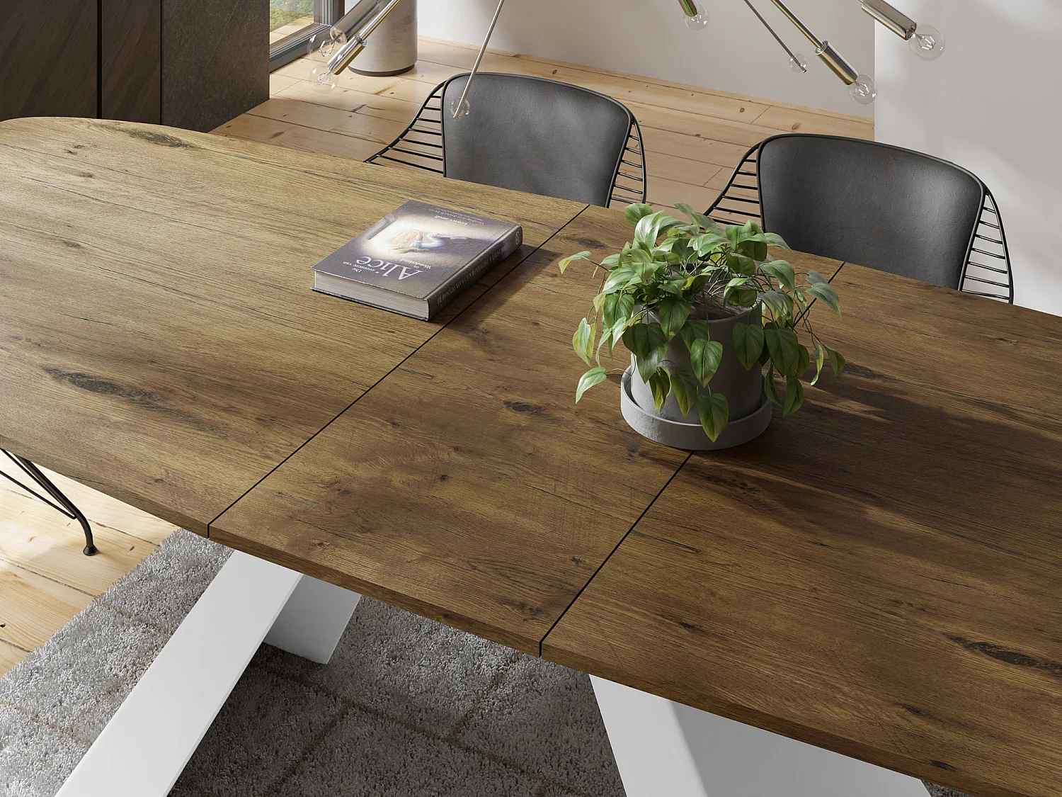 Esstisch Monte Weiß im Modern Stil, Rechteckiger Tisch - Ausziehbar von 160 cm bis 200 cm, Pulverbeschichtete Weiße Metallbeine - 160 x 80 cm - Lancelot Eiche