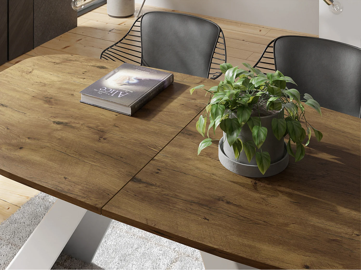 Esstisch Monte Weiß im Modern Stil, Rechteckiger Tisch - Ausziehbar von 160 cm bis 200 cm, Pulverbeschichtete Weiße Metallbeine - 160 x 80 cm - Lancelot Eiche