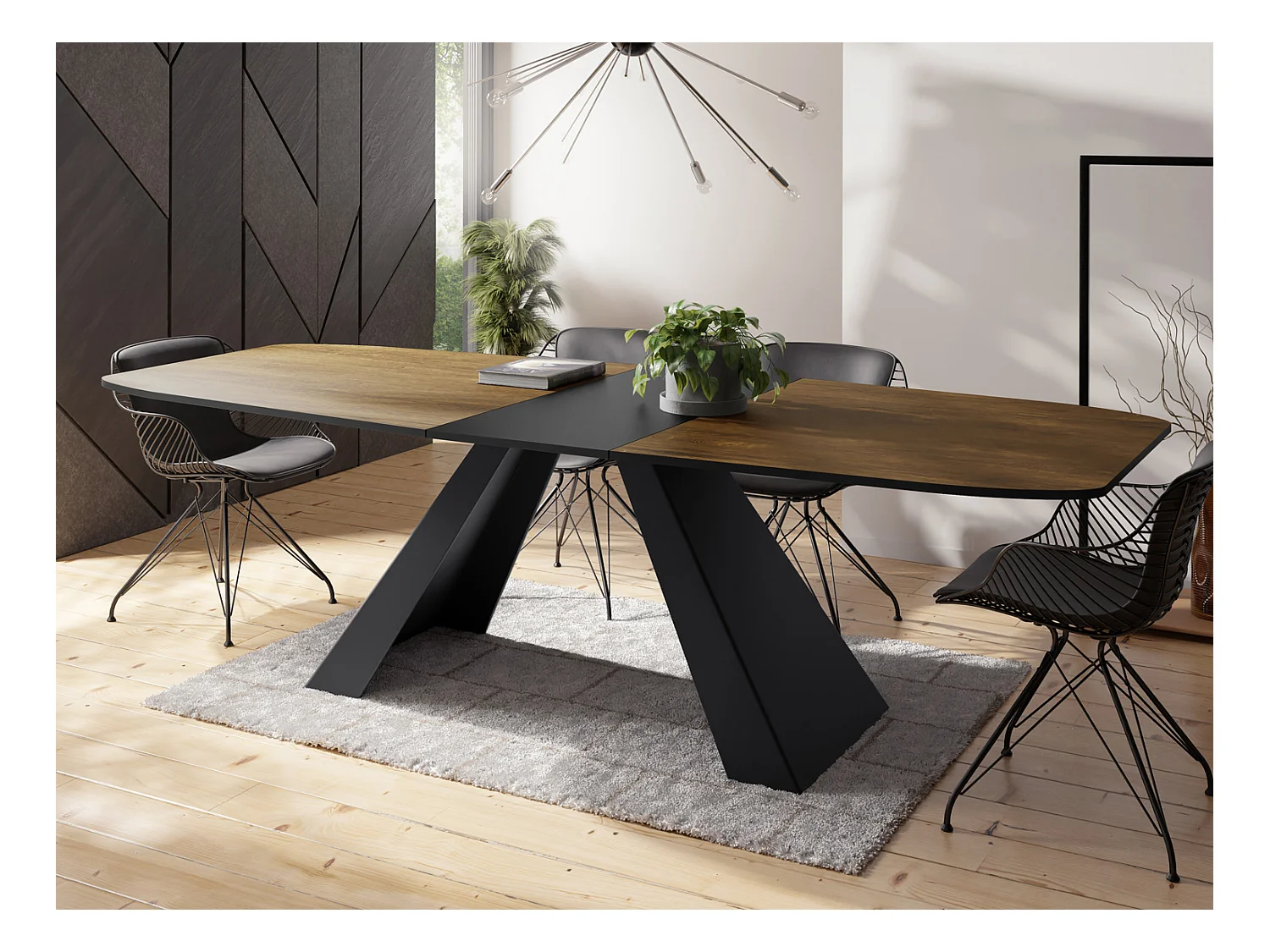 Esstisch Monte im Modern Stil, Rechteckiger Tisch - Ausziehbar von 180 cm bis 220 cm, Pulverbeschichtete Schwarze Metallbeine - 180 x 90 cm - Lefkas Eiche