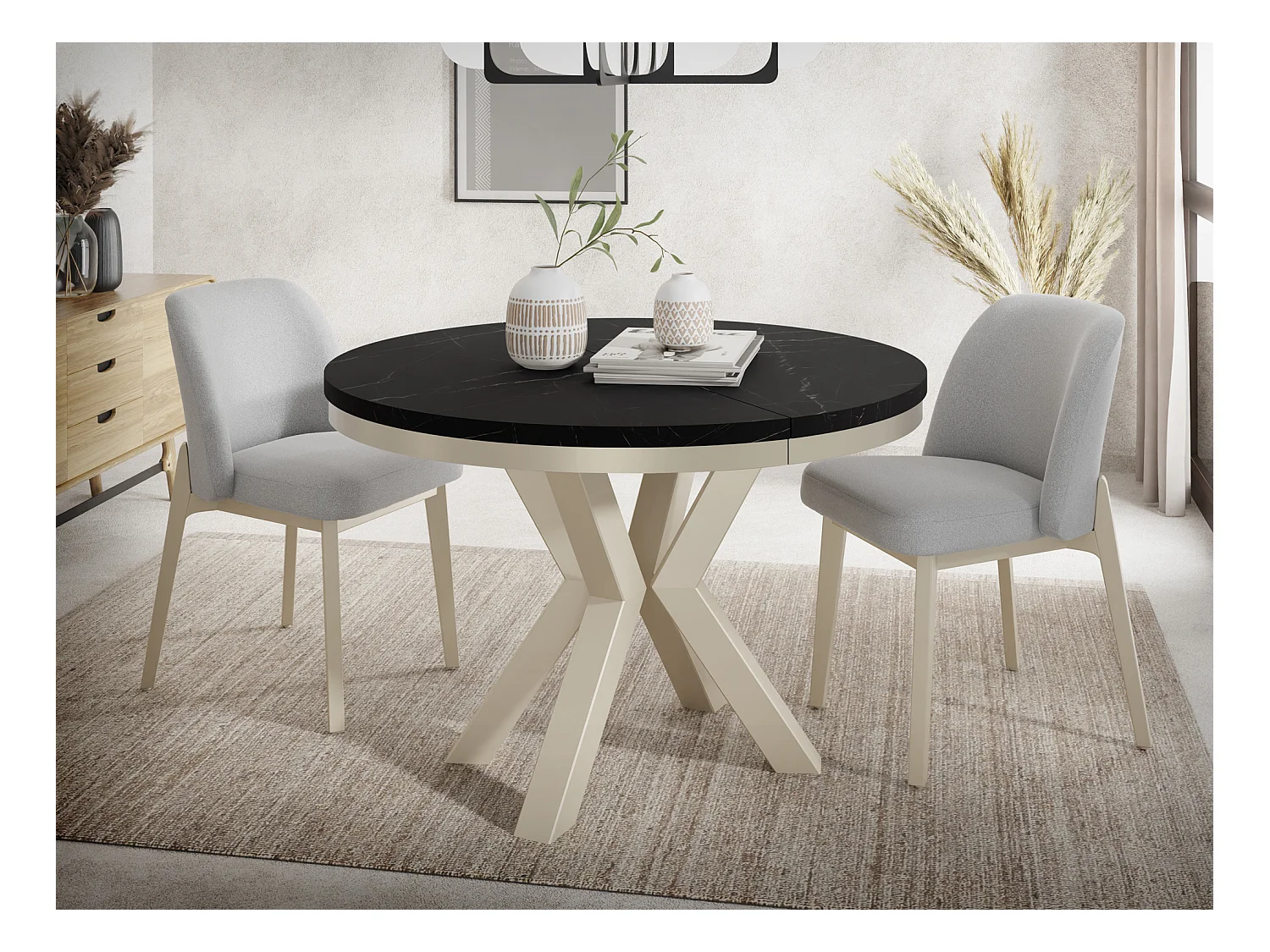 Table à Manger Ronde Extensible Style Loft - Table avec Pieds Métalliques Beige Cashmere - Table Gain de Place pour Salon - Marbre Noir - 120 à 200 cm
