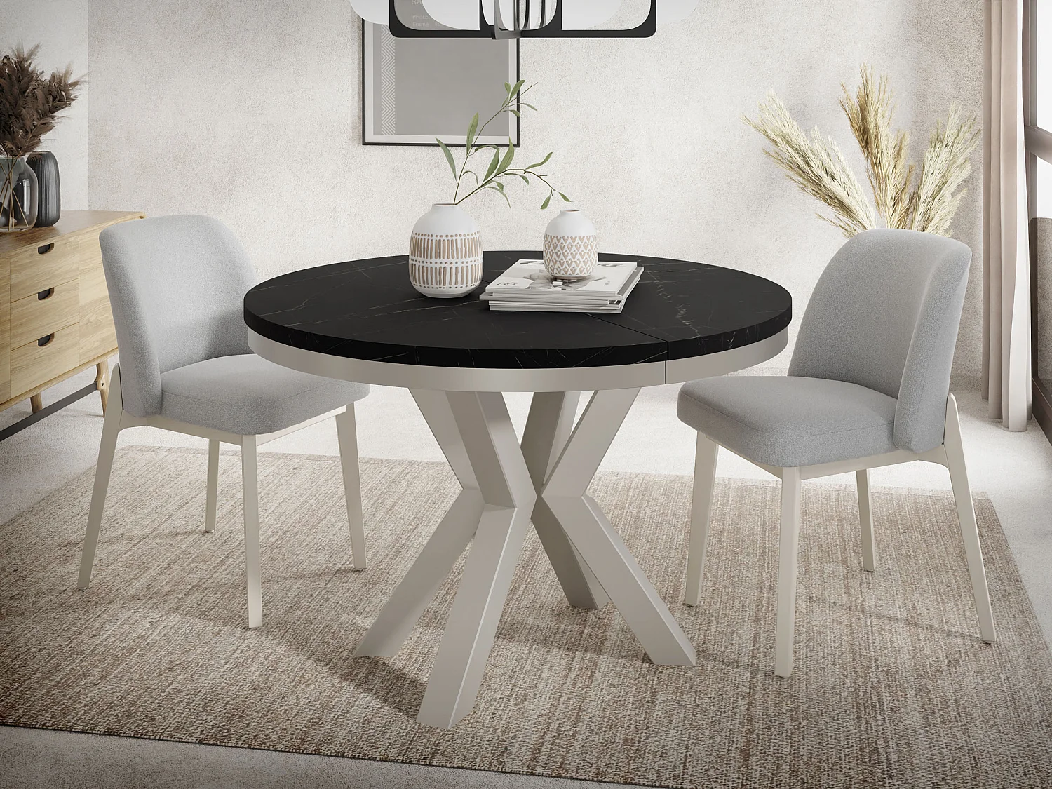 Runder Ausziehbarer Esstisch im Loft-Stil - Tisch mit Grau-Beige Metallbeinen - Platzsparender Tisch für Wohnzimmer - Marmor Schwarz - 120 bis 200 cm