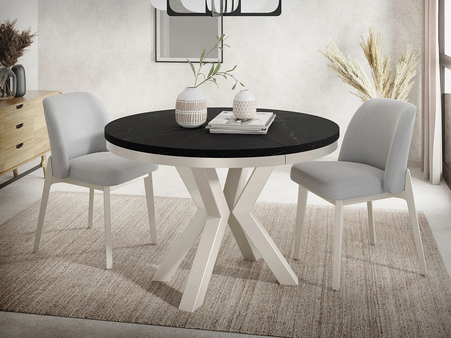 Runder Ausziehbarer Esstisch im Loft-Stil - Tisch mit Grau-Beige Metallbeinen - Platzsparender Tisch für Wohnzimmer - Marmor Schwarz - 120 bis 200 cm