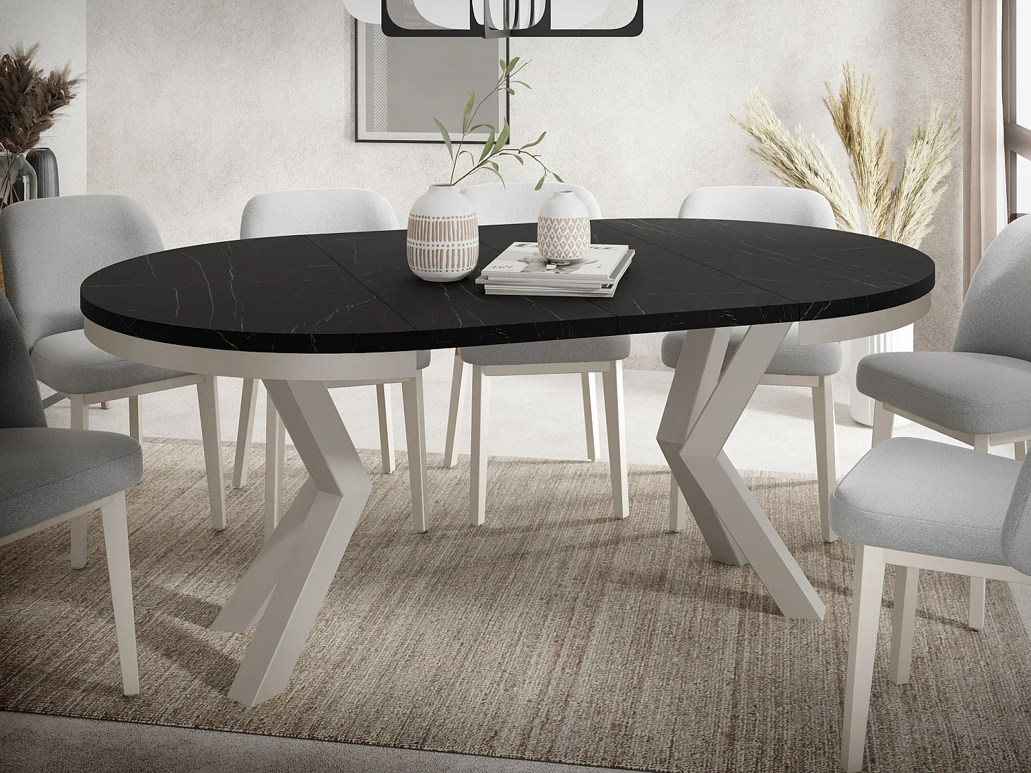Runder Ausziehbarer Esstisch im Loft-Stil - Tisch mit Grau-Beige Metallbeinen - Platzsparender Tisch für Wohnzimmer - Marmor Schwarz - 120 bis 200 cm