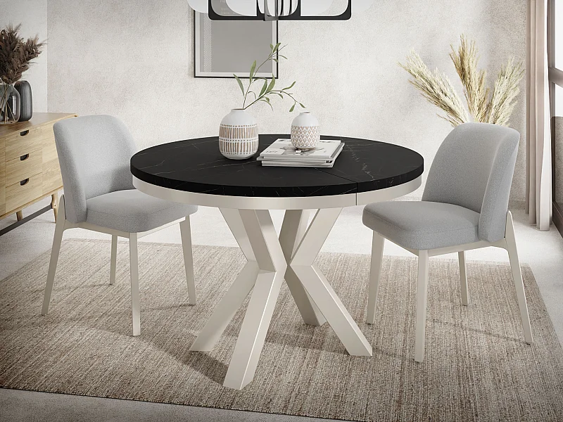 Runder Ausziehbarer Esstisch im Loft-Stil - Tisch mit Grau-Beige Metallbeinen - Platzsparender Tisch für Wohnzimmer - Marmor Schwarz - 120 bis 200 cm