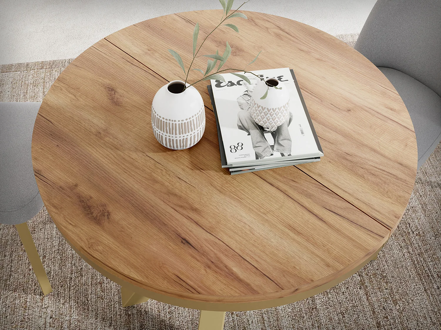 Table à Manger Ronde Extensible Style Loft - Table avec Pieds Métalliques Dorés - Table Gain de Place pour Salon - Chêne Craft Or - 120 à 200 cm