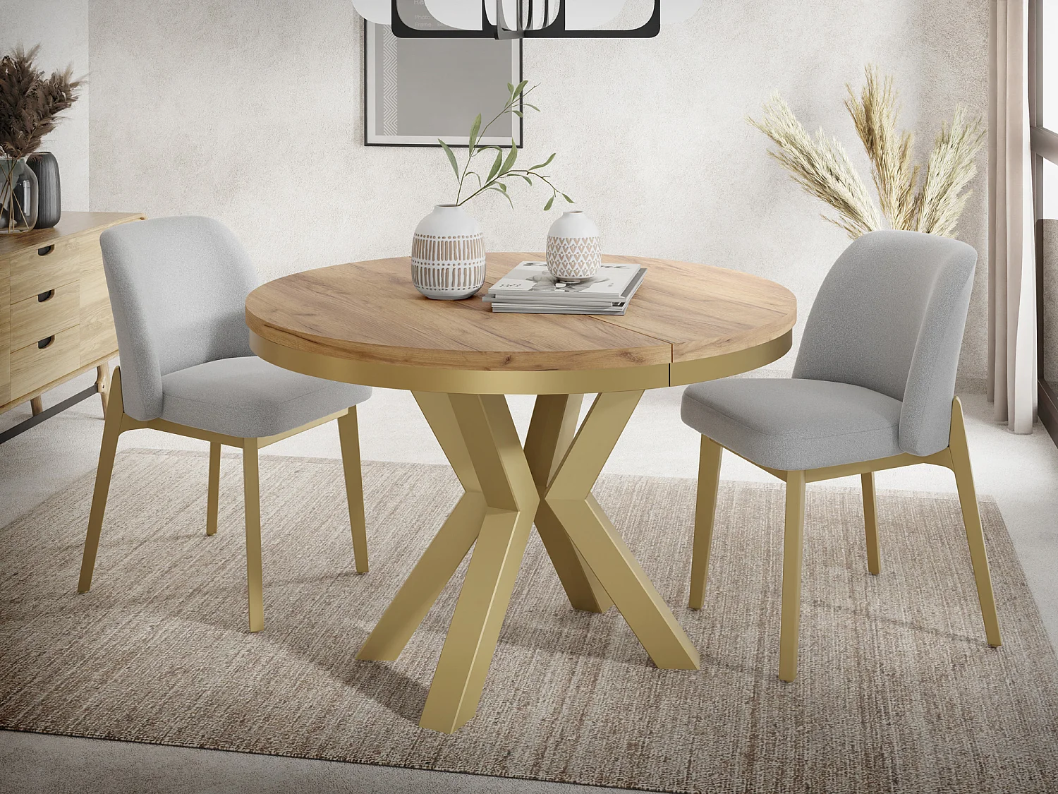 Runder Ausziehbarer Esstisch im Loft-Stil - Industrieller Tisch mit Goldenen Metallbeinen - Platzsparender Tisch für Wohnzimmer - Craft Eiche - 120 bis 200 cm