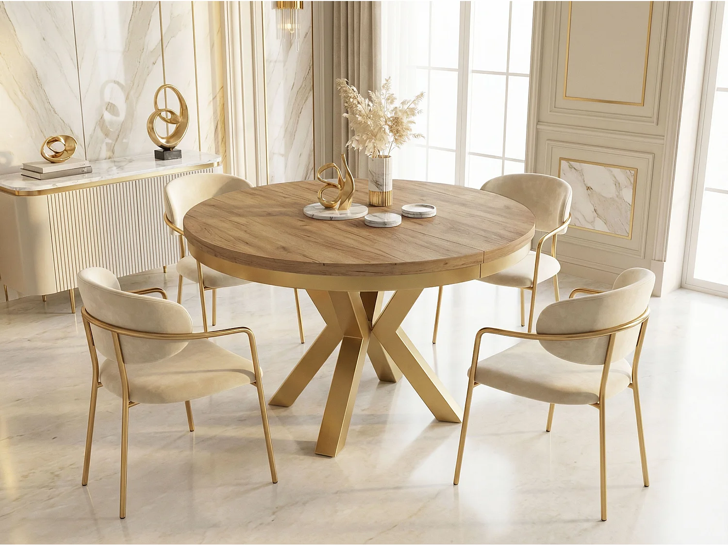 Runder Ausziehbarer Esstisch im Loft-Stil - Industrieller Tisch mit Goldenen Metallbeinen - Platzsparender Tisch für Wohnzimmer - Craft Eiche - 120 bis 200 cm