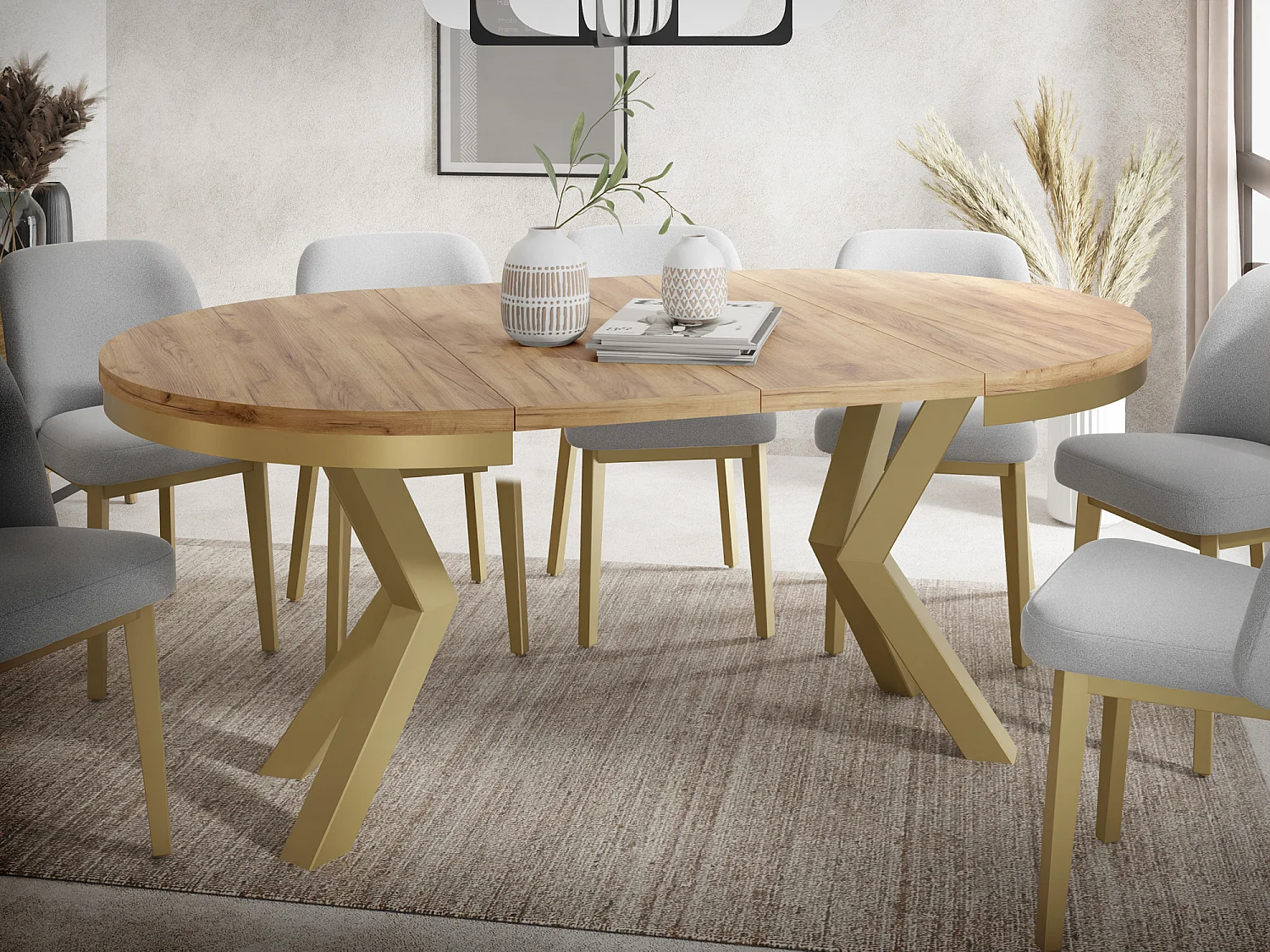 Runder Ausziehbarer Esstisch im Loft-Stil - Industrieller Tisch mit Goldenen Metallbeinen - Platzsparender Tisch für Wohnzimmer - Craft Eiche - 120 bis 200 cm