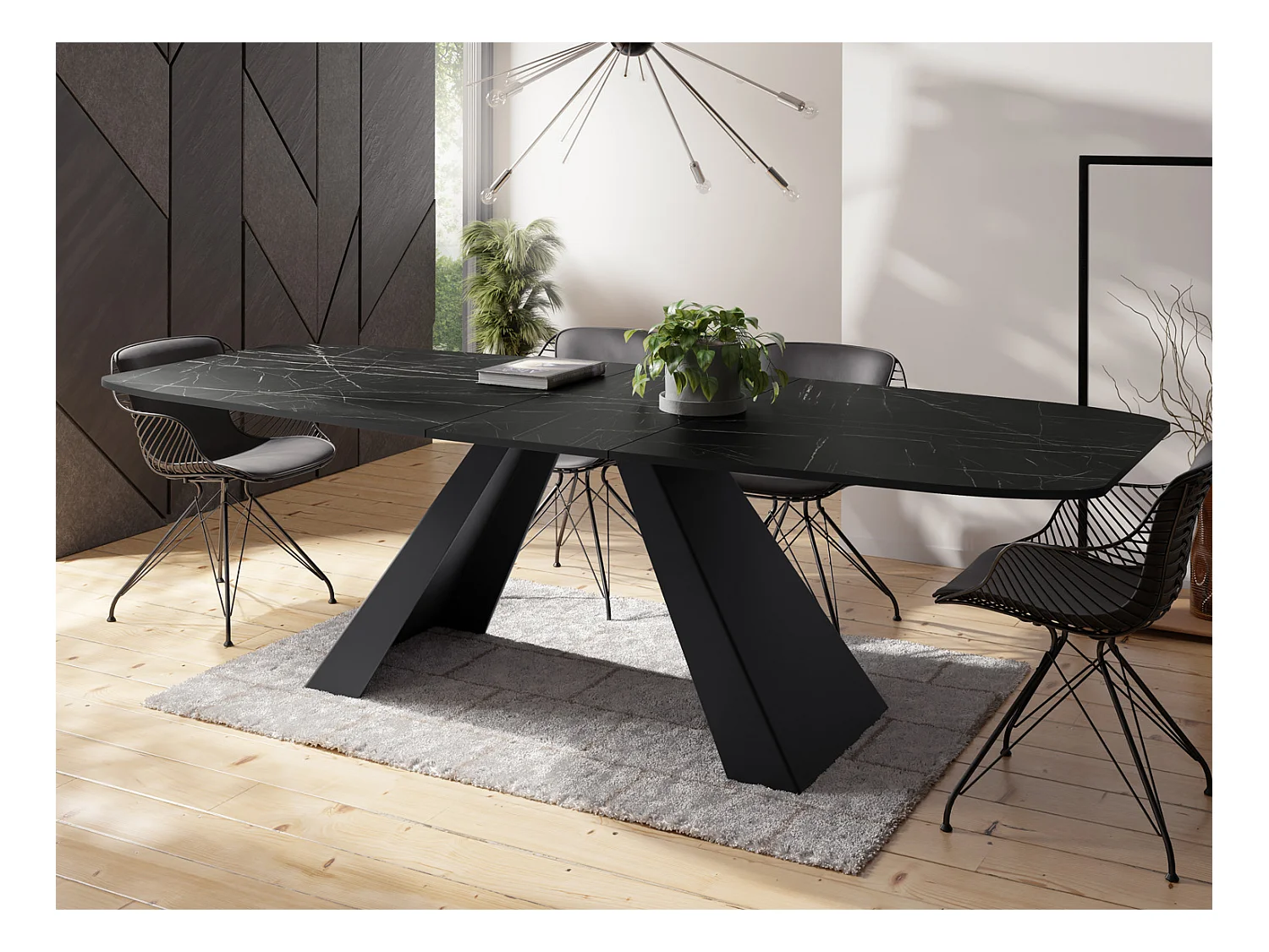 Table-à-Manger Extensible Monte Design Moderne, Table Rectangulaire - Extensible de 180 cm à 220 cm, Pieds Métalliques Noirs - 180x90 cm - Marbre Noir