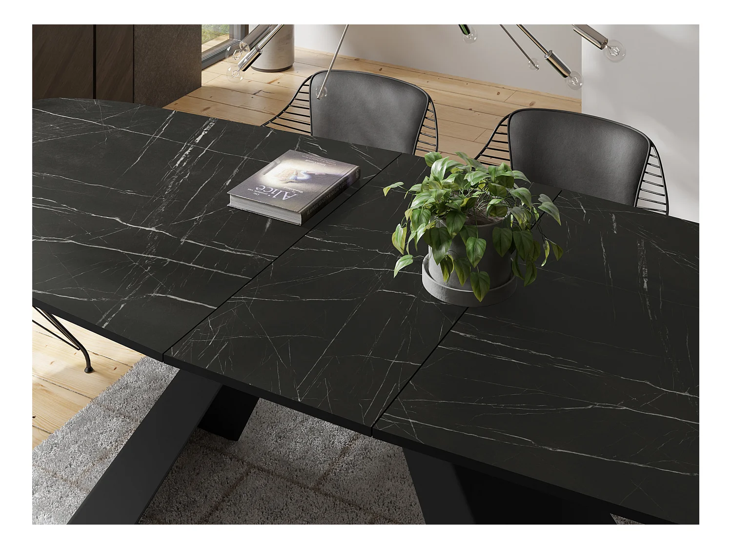 Table-à-Manger Extensible Monte Design Moderne, Table Rectangulaire - Extensible de 180 cm à 220 cm, Pieds Métalliques Noirs - 180x90 cm - Marbre Noir