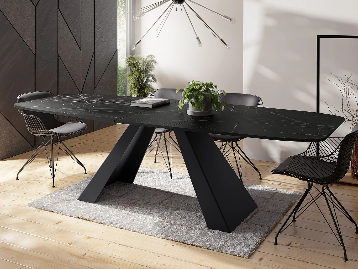 Table-à-Manger Extensible Monte Design Moderne, Table Rectangulaire - Extensible de 180 cm à 220 cm, Pieds Métalliques Noirs - 180x90 cm - Marbre Noir
