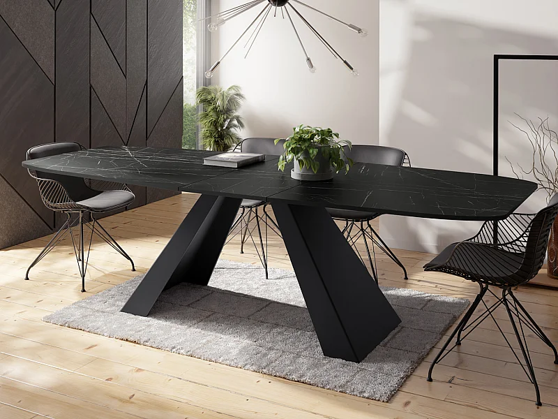 Esstisch Monte im Modern Stil, Rechteckiger Tisch - Ausziehbar von 180 cm bis 220 cm, Pulverbeschichtete Schwarze Metallbeine - 180 x 90 cm - Marmor Schwarz