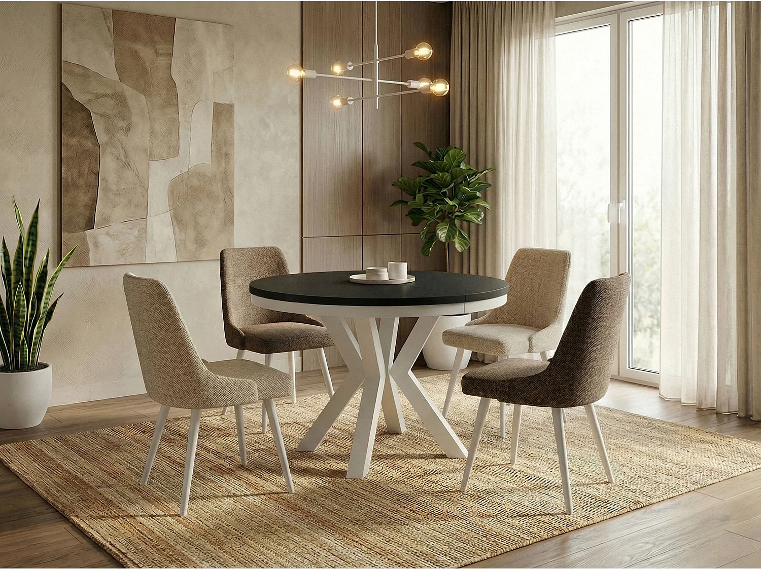 Table à Manger Ronde Extensible Style Loft - Table avec Pieds Métalliques Blancs - Table Gain de Place pour Salon - Noir - 120 à 200 cm