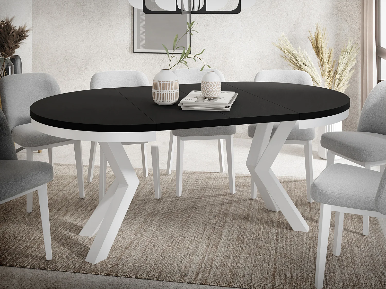 Runder Ausziehbarer Esstisch im Loft-Stil - Industrieller Tisch mit Weißen Metallbeinen - Platzsparender Tisch für Wohnzimmer - Schwarz - 120 bis 200 cm