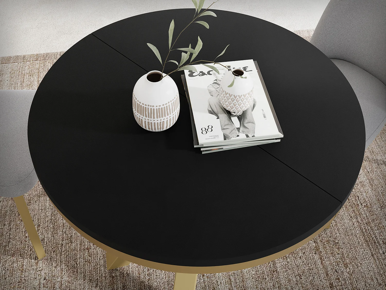 Table à Manger Ronde Extensible Style Loft - Table avec Pieds Métalliques Dorés - Table Gain de Place pour Salon - Noir - 120 à 200 cm