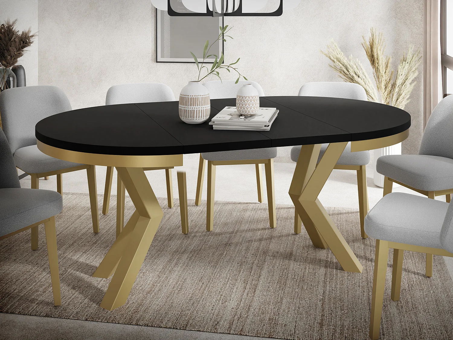 Runder Ausziehbarer Esstisch im Loft-Stil - Industrieller Tisch mit Goldenen Metallbeinen - Platzsparender Tisch für Wohnzimmer - Schwarz - 120 bis 200 cm