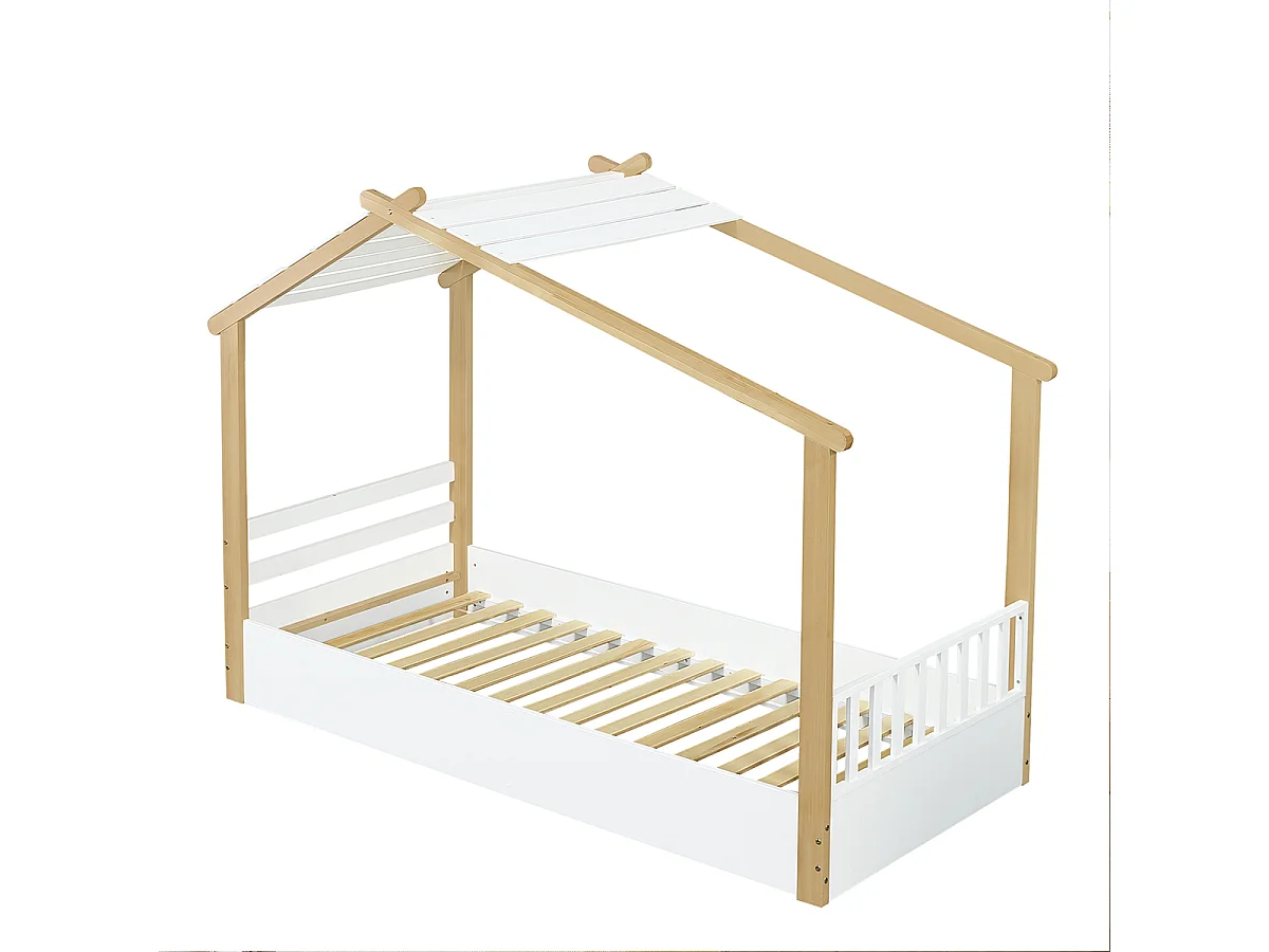 Kinderbett Holzhausdesign Kiefer + Spanplatte +MDF Jugendbett Holzbetten Einzelbett 90x200cm Weiß+Natur