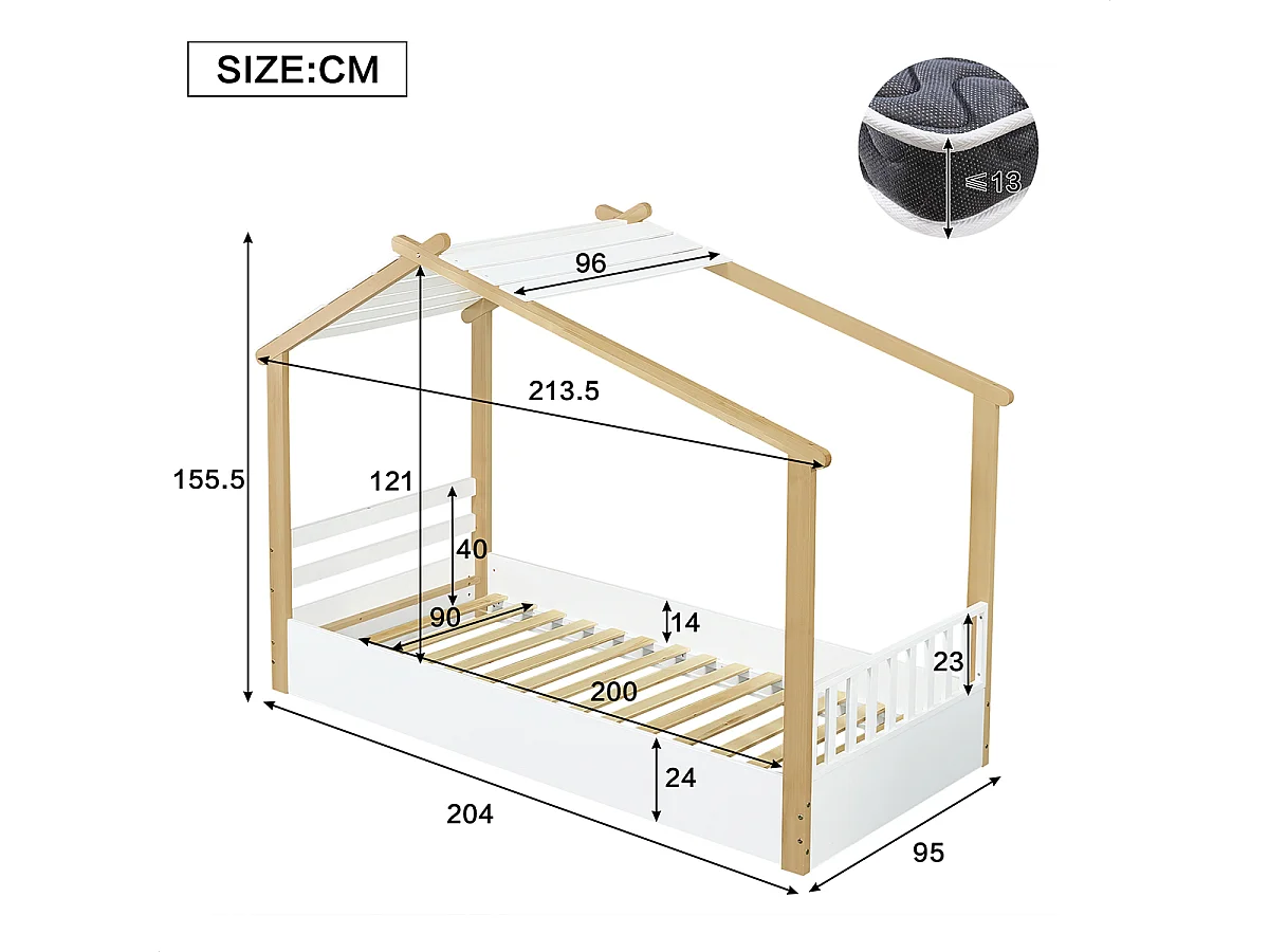 Kinderbett Holzhausdesign Kiefer + Spanplatte +MDF Jugendbett Holzbetten Einzelbett 90x200cm Weiß+Natur