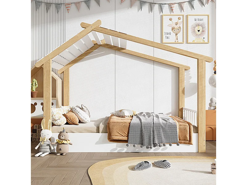 Kinderbett Holzhausdesign Kiefer + Spanplatte +MDF Jugendbett Holzbetten Einzelbett 90x200cm Weiß+Natur
