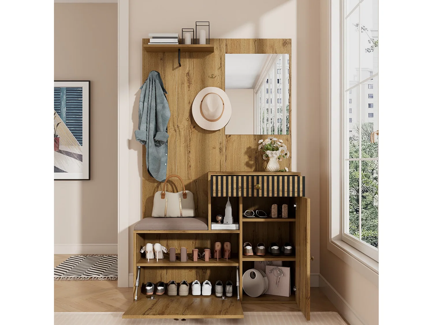 Garderobenset,Kompaktgarderobe,Flurgarderobe mit Spiegel und Polsterkissen,Flurschrank,Wohnwand,Regal,Flur-und Dielengarderobenpaneele,Schuhschrank