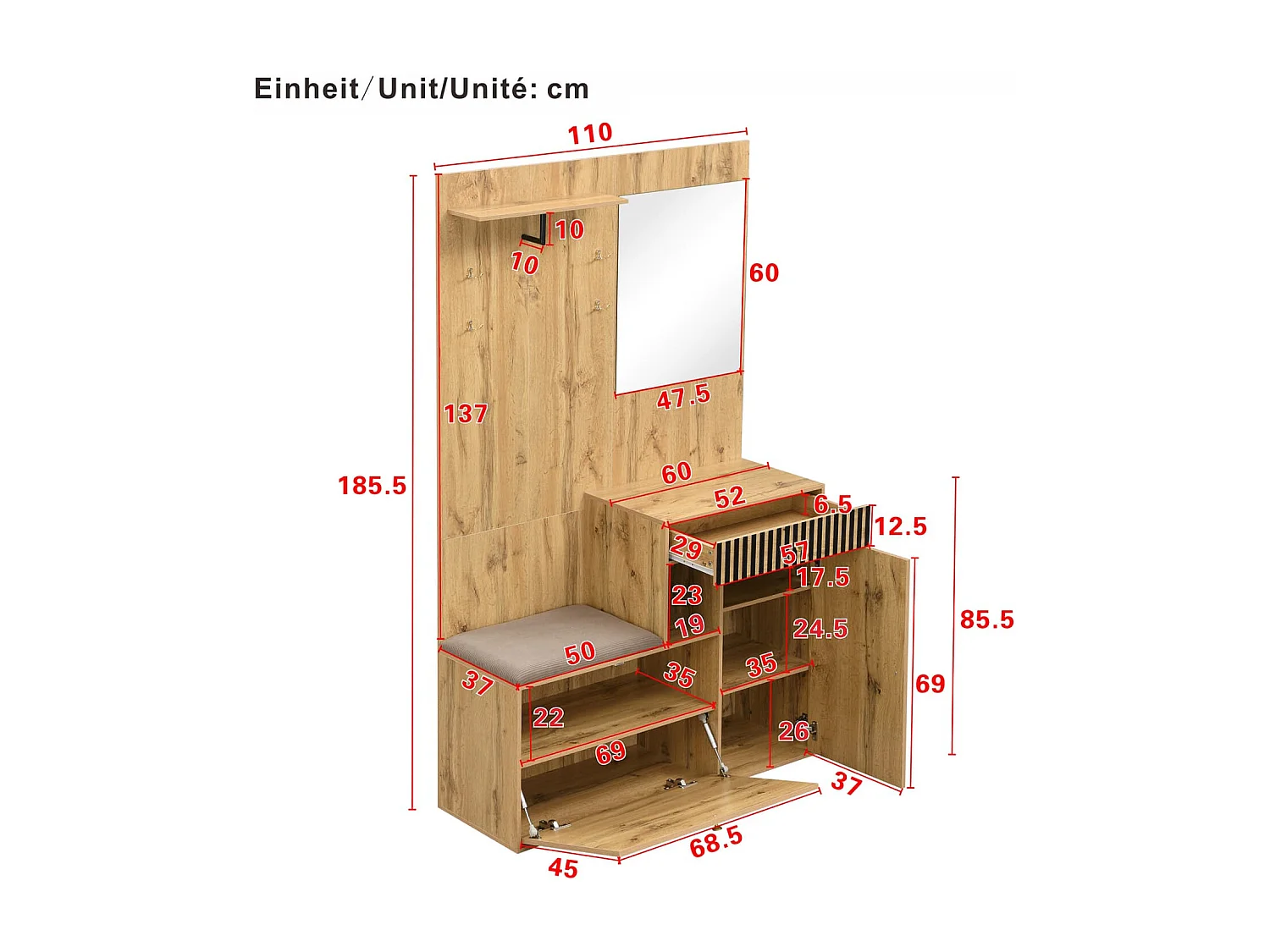 Garderobenset,Kompaktgarderobe,Flurgarderobe mit Spiegel und Polsterkissen,Flurschrank,Wohnwand,Regal,Flur-und Dielengarderobenpaneele,Schuhschrank