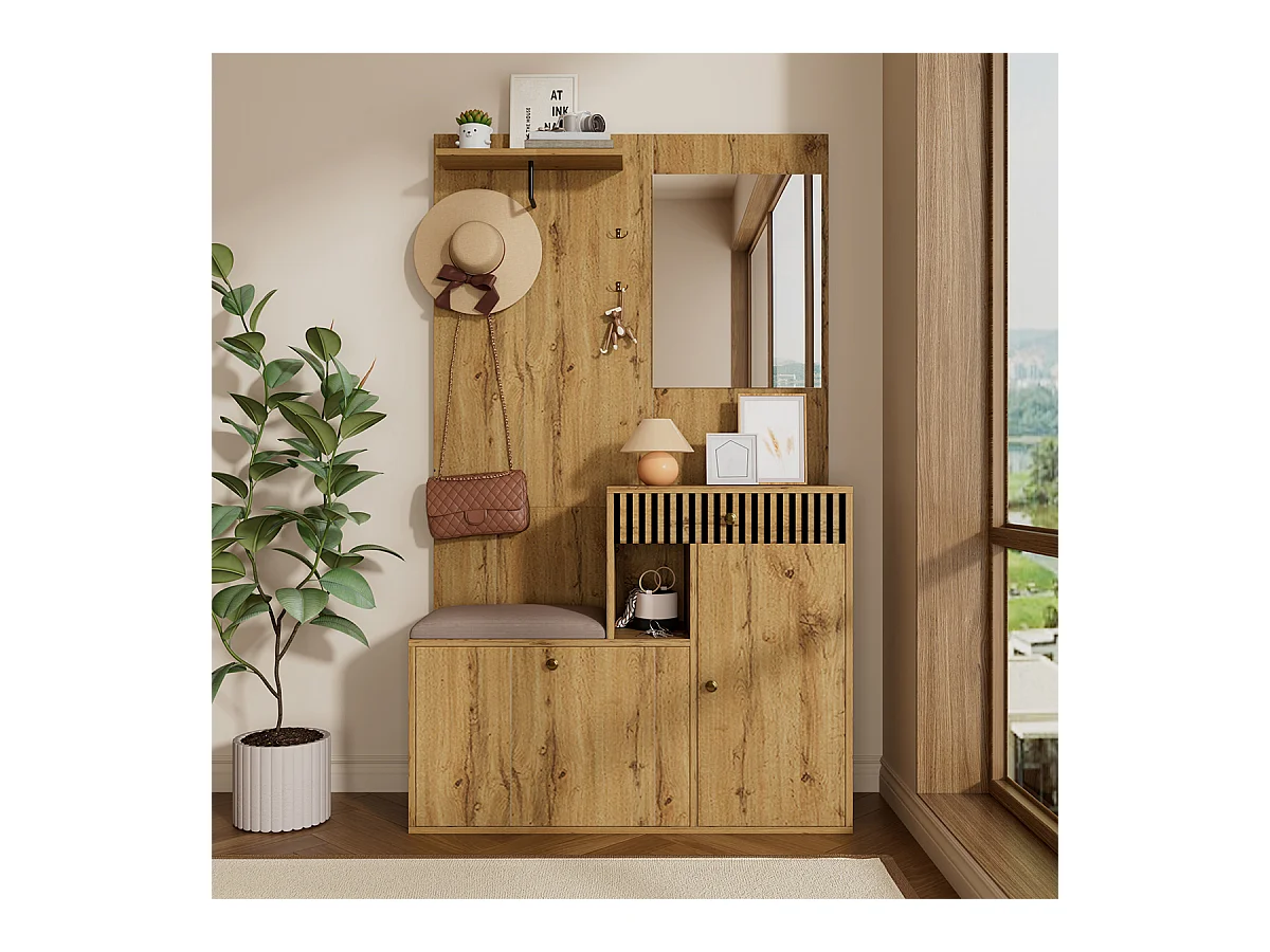 Garderobenset mit Spiegel und Polsterkissen Flurgarderobe Wandgarderoben-Set 110 x 185,5 x 37 cm