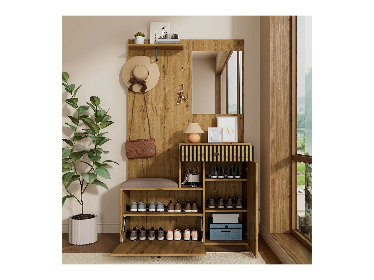 Garderobenset mit Spiegel und Polsterkissen Flurgarderobe Wandgarderoben-Set 110 x 185,5 x 37 cm