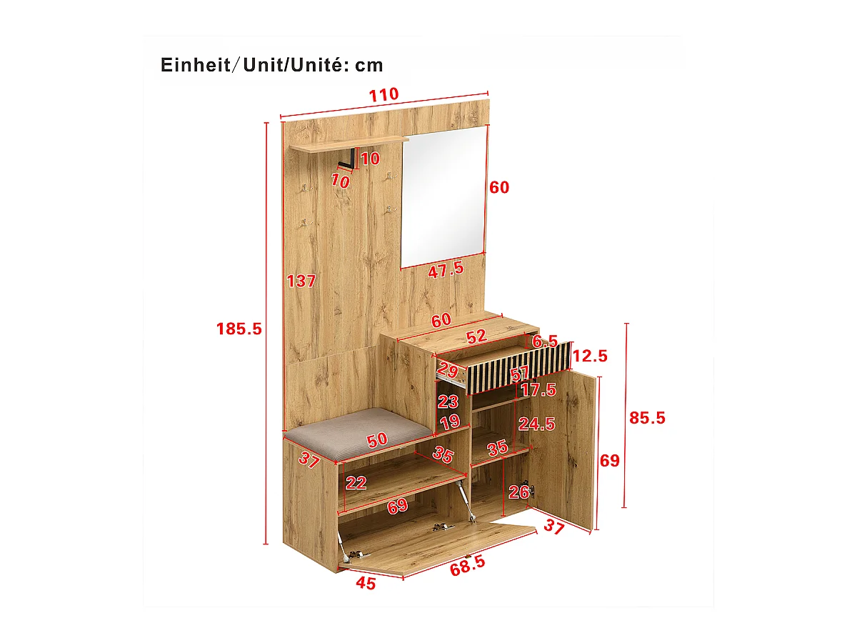 Garderobenset mit Spiegel und Polsterkissen Flurgarderobe Wandgarderoben-Set 110 x 185,5 x 37 cm