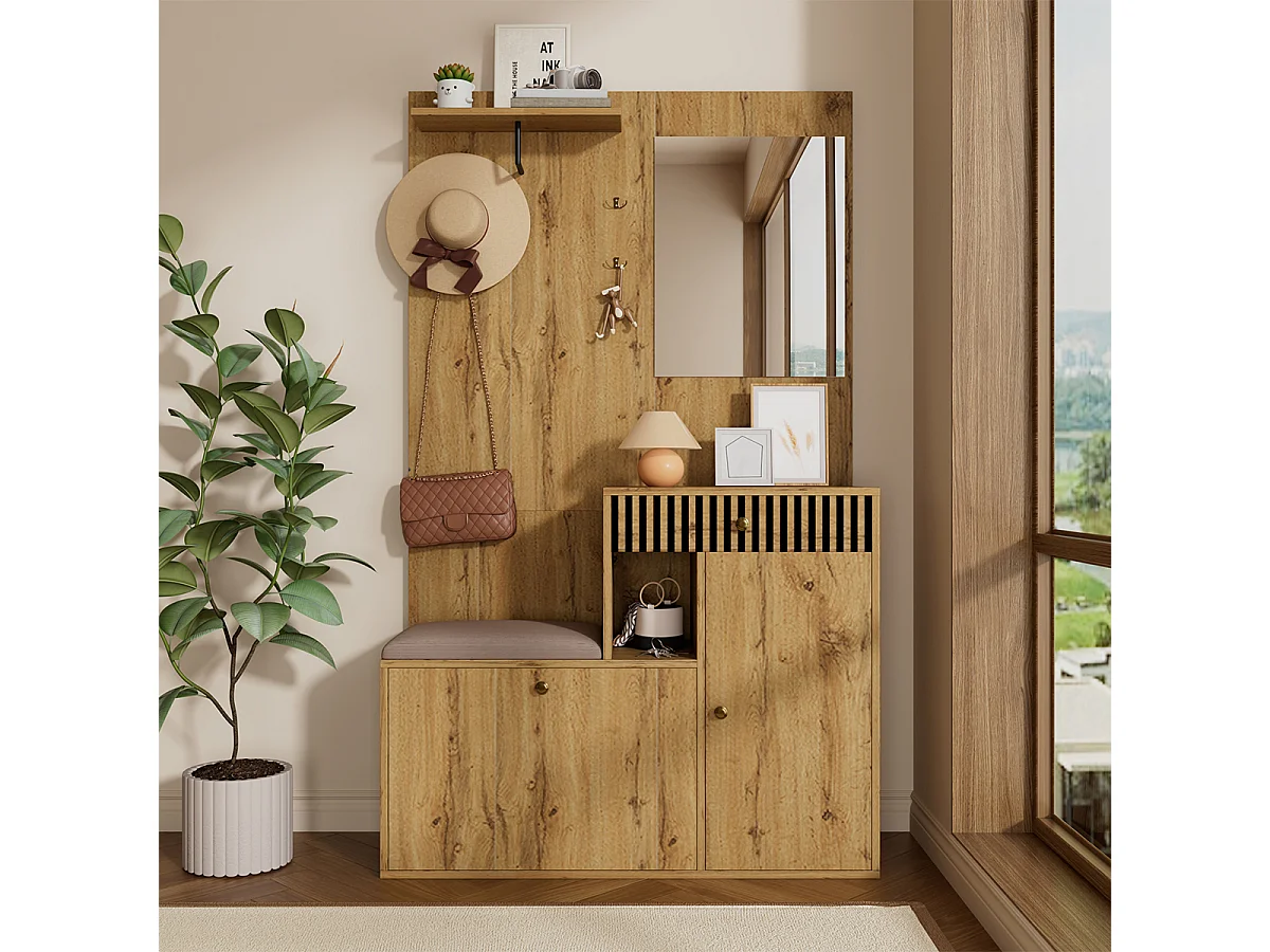 Garderobenset mit Spiegel und Polsterkissen Flurgarderobe Wandgarderoben-Set 110 x 185,5 x 37 cm