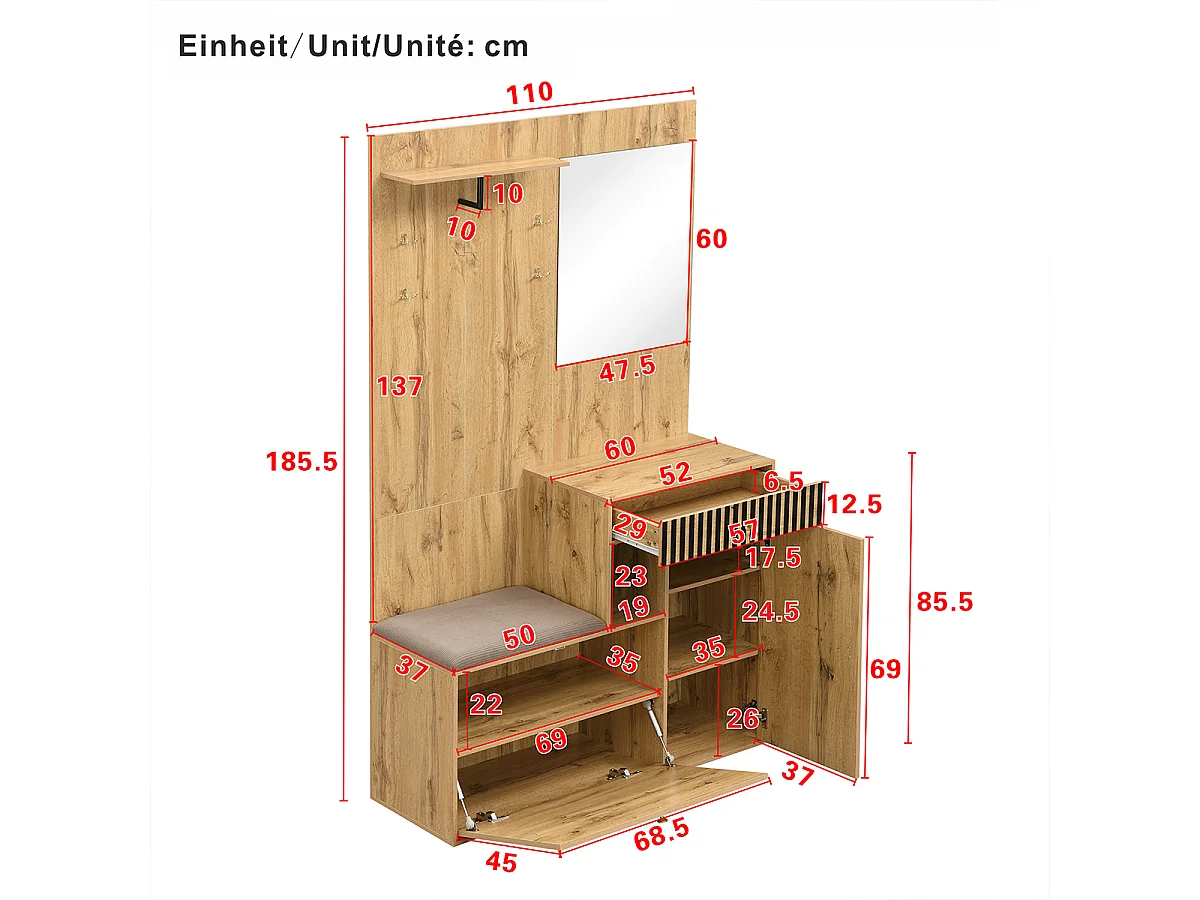 Garderobenset mit Spiegel und Polsterkissen Flurgarderobe Wandgarderoben-Set 110 x 185,5 x 37 cm