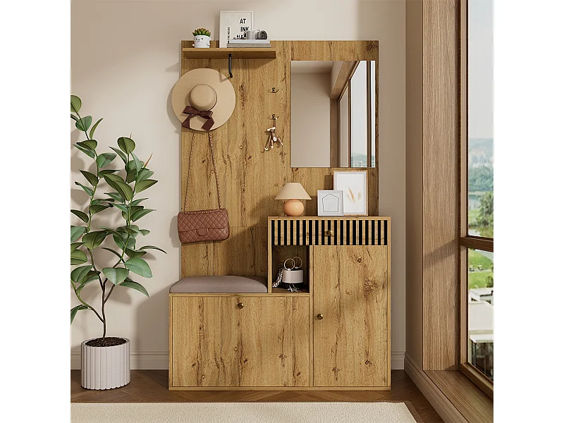 Garderobenset mit Spiegel und Polsterkissen Flurgarderobe Wandgarderoben-Set 110 x 185,5 x 37 cm