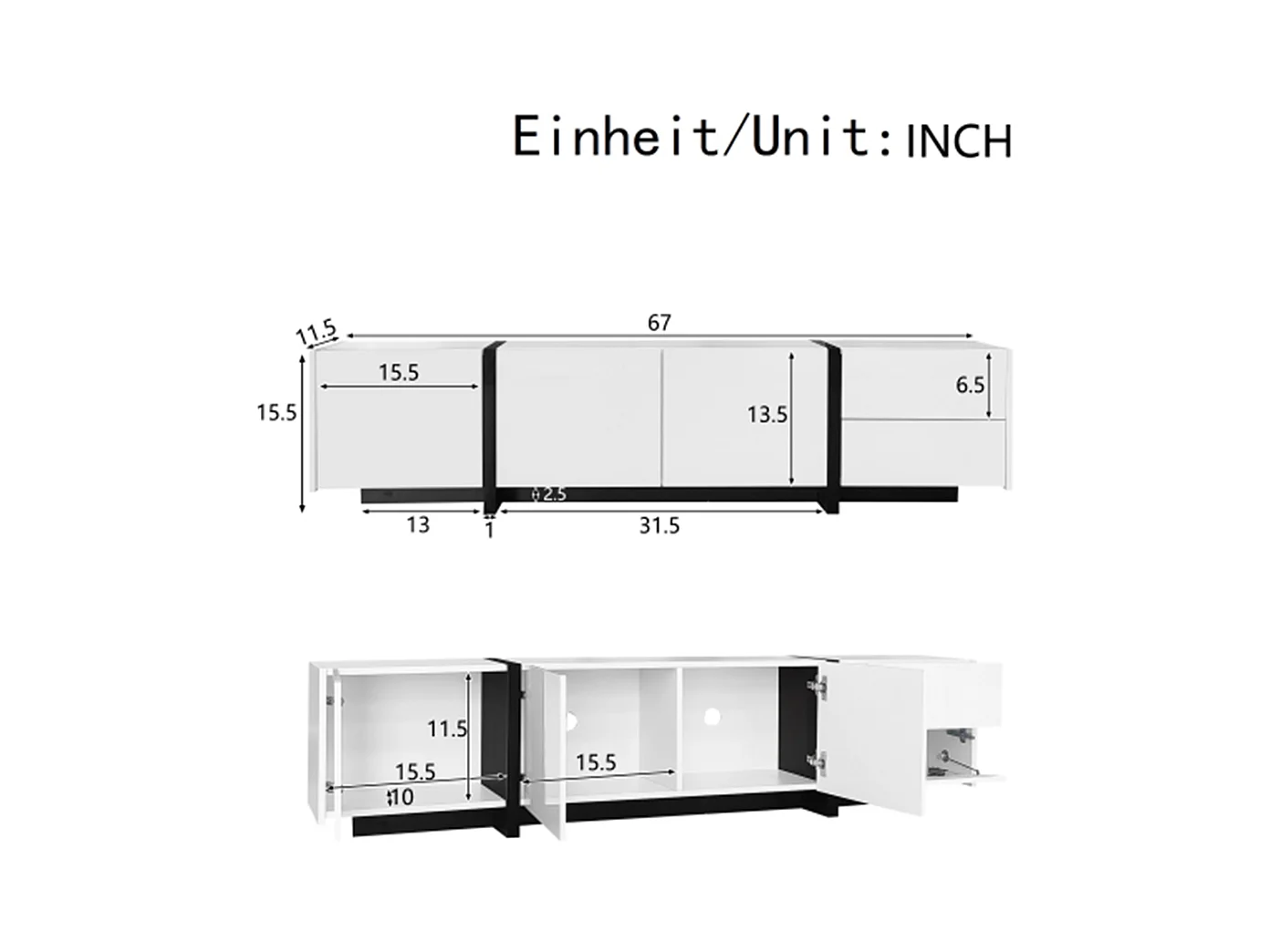 TV-Schrank, Lowboard,TV-Ständer Hochglanzschrank abgesetzte Tischbeine, mit schlichten Schranktüren und Schubladen