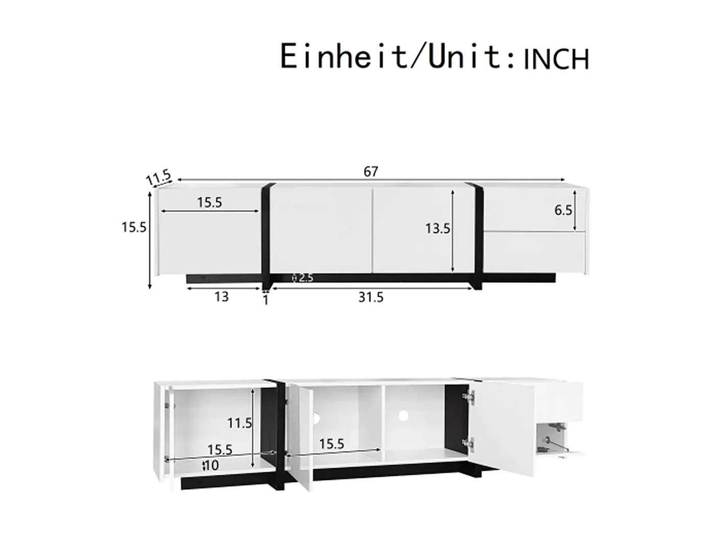TV-Schrank, Lowboard,TV-Ständer Hochglanzschrank abgesetzte Tischbeine, mit schlichten Schranktüren und Schubladen