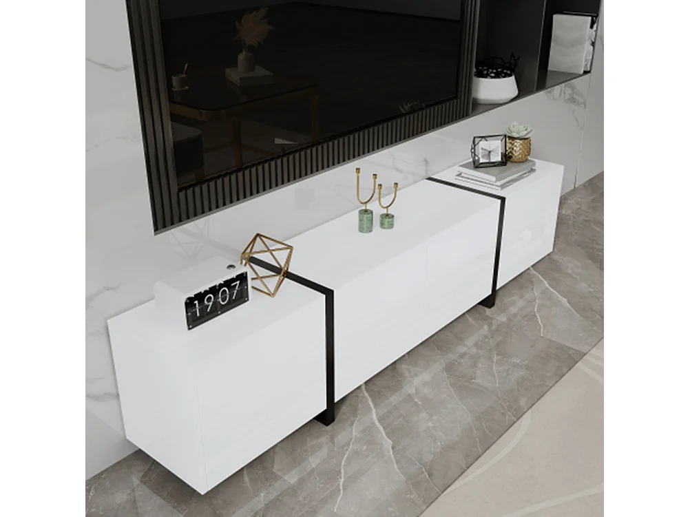 TV-Schrank, Lowboard,TV-Ständer Hochglanzschrank abgesetzte Tischbeine, mit schlichten Schranktüren und Schubladen