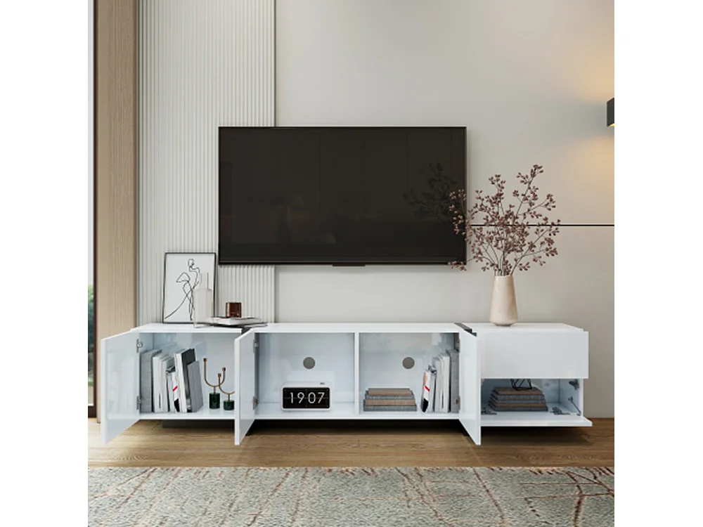 TV-Schrank, Lowboard,TV-Ständer Hochglanzschrank abgesetzte Tischbeine, mit schlichten Schranktüren und Schubladen