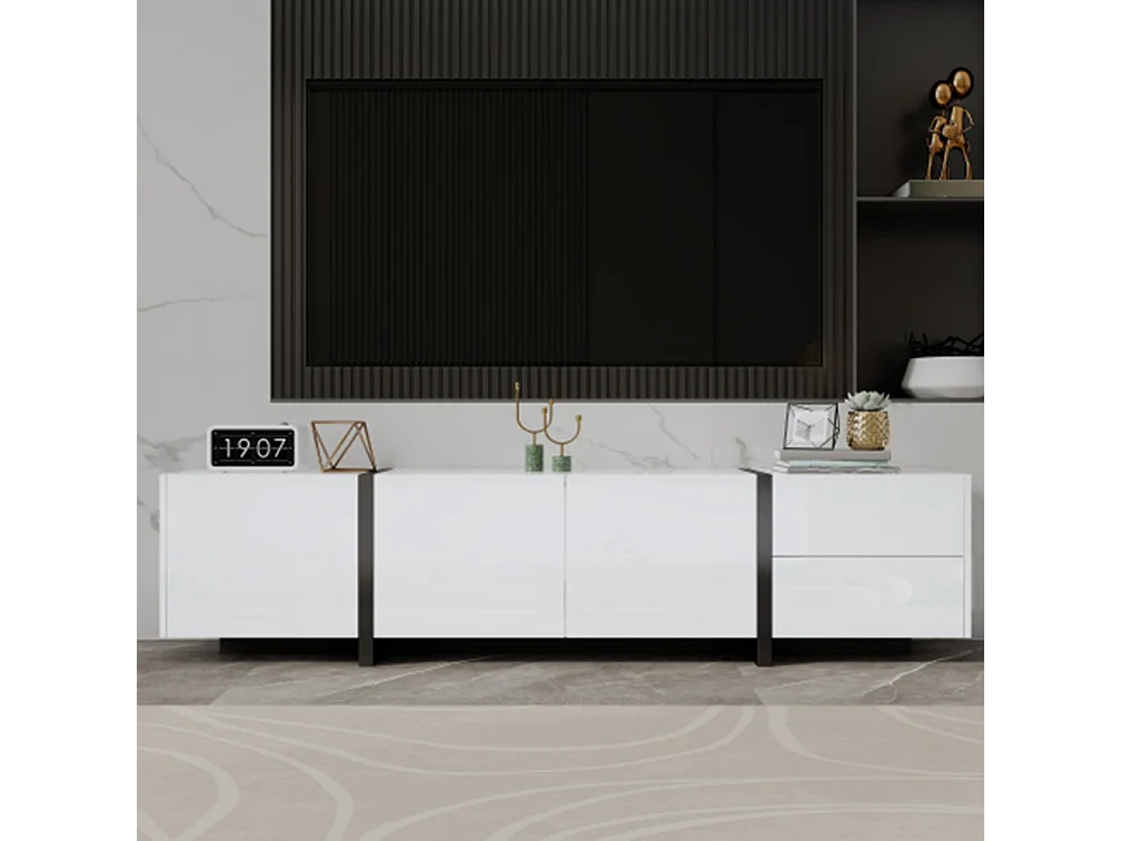 TV-Schrank, Lowboard,TV-Ständer Hochglanzschrank abgesetzte Tischbeine, mit schlichten Schranktüren und Schubladen