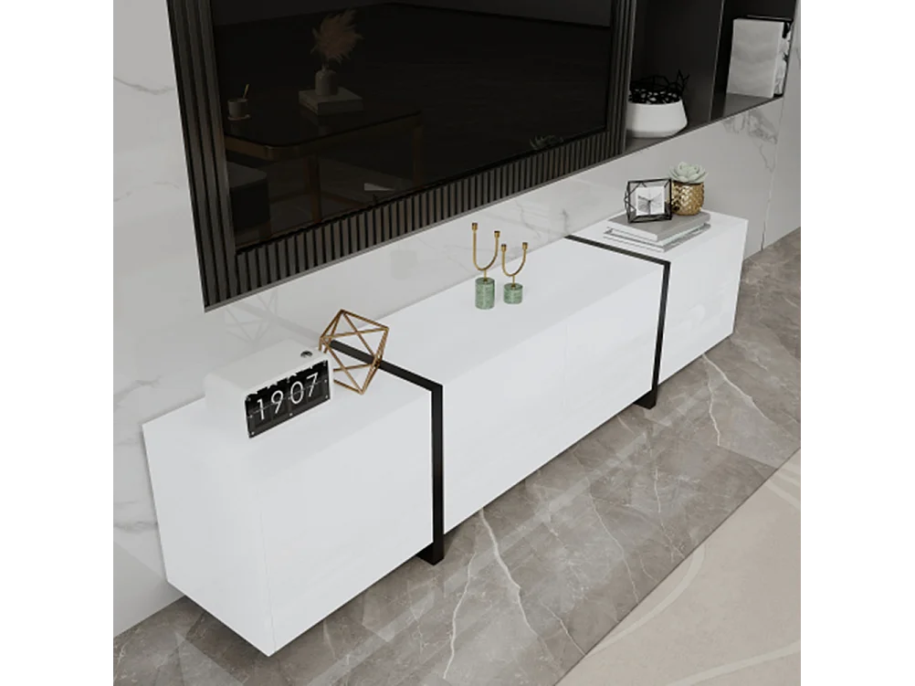 TV-Schrank, Lowboard,TV-Ständer Hochglanzschrank abgesetzte Tischbeine, mit schlichten Schranktüren und Schubladen